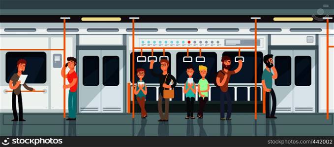 Modern subway passenger carriage interior with people vector illustration. Interior of train with passenger transportation. Modern subway passenger carriage interior with people vector illustration