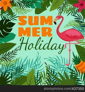 Modern summer vector background with flamingo and tropic plant decoration. Exotic flamingo bird in green leaf illustration. Modern summer vector background with flamingo and tropic plant decoration