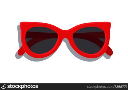 Modern sunglasses with round lenses vector banner, illustration of eyewear that protect eyes from summer sun, pretty design of glasses in red case. Modern Sunglasses with Round Lenses Vector Banner