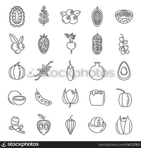 Modern superfood icons set. Outline set of modern superfood vector icons for web design isolated on white background. Modern superfood icons set, outline style