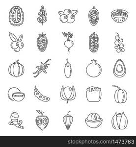 Modern superfood icons set. Outline set of modern superfood vector icons for web design isolated on white background. Modern superfood icons set, outline style