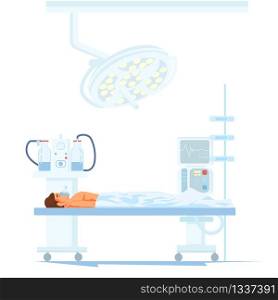 Modern Surgery Equipment Flat Vector Concept with Male Patient under Influence of Anesthesia Lying on Clinic Operating Table Illustration. Machines and Electronic Devices for Hospital Operating Room