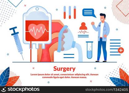 Modern Surgery Technologies, Health Care Innovations Trendy Flat Vector Vector Banner, Poster. Happy Doctor Character, Blood Donation, Injection Syringe, Artificial Respiration Apparatus Illustration