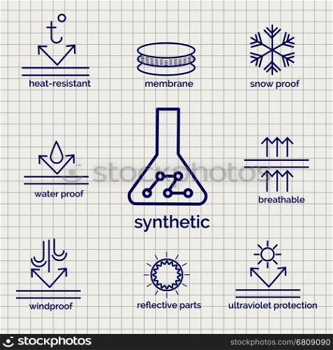 Modern syntetic fabric feature sketch icons. Modern syntetic fabric feature sketch ball pen icons on notebook page background. Vector illustration
