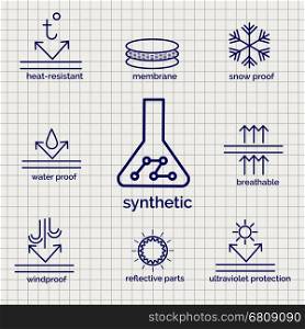 Modern syntetic fabric feature sketch icons. Modern syntetic fabric feature sketch ball pen icons on notebook page background. Vector illustration