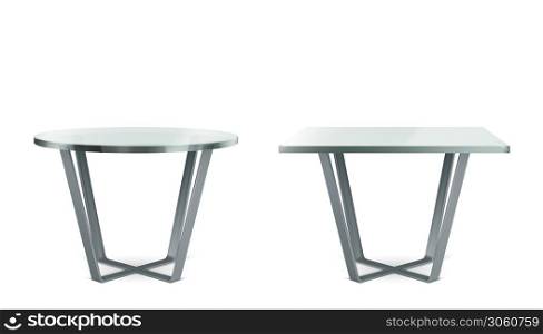 Modern tables with round and square glass top. Vector realistic set of cocktail, coffee or dining table with metal cross legs and clear plexiglass top isolated on white background. Modern tables with round and square glass top