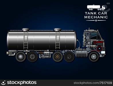 Modern tank truck symbol with fuel tanker provided with two ladder and silhouette of truck tractor, composed of wheels, crankshaft, axles, transmission and suspension systems, ball bearings, fuel tank, battery, steering wheel, pressure hoses, windows, gears and headlight. Tank truck symbol made of mechanical parts