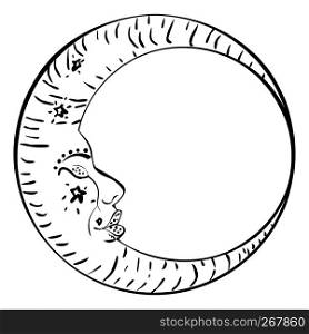 Modern tattoo of sleeping crescent moon design on white.