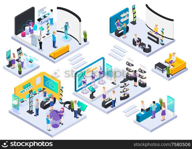 Modern technical electronic innovative production exhibition halls concept isometric composition with demonstration and promotion stands vector illustration