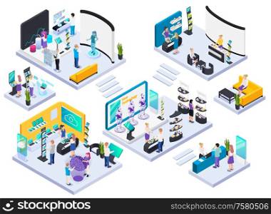Modern technical electronic innovative production exhibition halls concept isometric composition with demonstration and promotion stands vector illustration