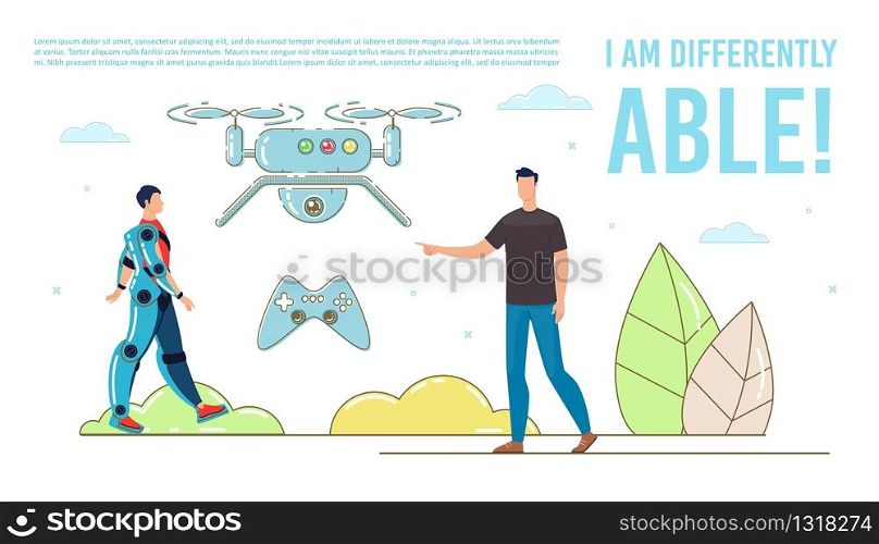 Modern Technology Innovations for Disabled People Life Quality Improve Trendy Flat Vector Banner, Poster Template. Disabled Man in Futuristic Exosuit, Robotic Exoskeleton Walking Street Illustration