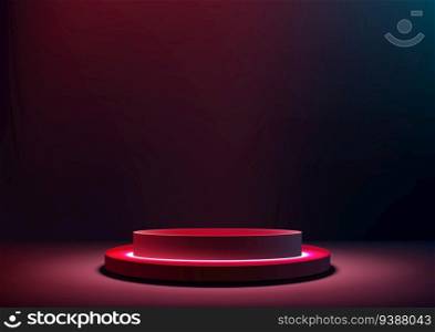Modern technology showcase with this vibrant 3D red neon color podium on the studio room floor. Explore the futuristic concept and immerse yourself in the sleek tech style of this vector illustrator mockup. Perfect for product display and capturing attention.