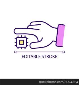 Modern technology usage RGB color icon. Hand with microchip. Hardware equipment for machines. Isolated vector illustration. Simple filled line drawing. Editable stroke. Arial font used. Modern technology usage RGB color icon