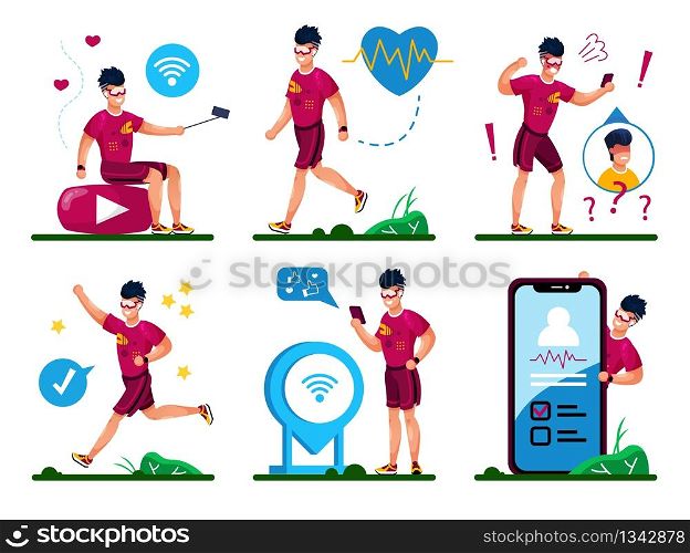 Modern Teenager Healthy Lifestyle, Active Daily Life Trendy Flat Vector Concepts Set. Young Man Recording Mobile Video, Communicating with Cellphone, Jogging, Walking Outdoors Isolated Illustrations