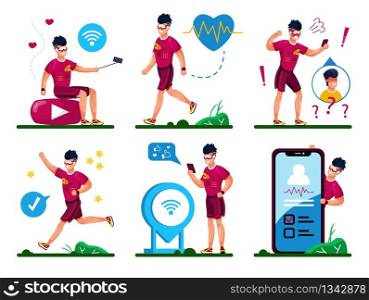 Modern Teenager Healthy Lifestyle, Active Daily Life Trendy Flat Vector Concepts Set. Young Man Recording Mobile Video, Communicating with Cellphone, Jogging, Walking Outdoors Isolated Illustrations