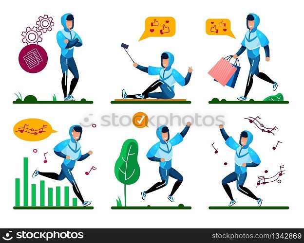 Modern Teenager, Young Man Active Lifestyle Situations Trendy Flat Vectors Set. Guy in Tracksuit Pondering Decision, Going on Shopping, Dancing, Listening Music and Jogging Outdoors Illustrations