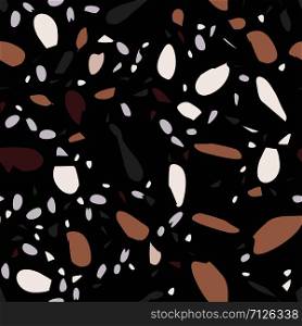 Modern terrazzo seamless pattern on black. Scattered stone and rock particles decorative endless texture. Textile, tile design, fabric print, wrapping paper, wallpaper, flooring. Vector illustration.. Modern terrazzo seamless pattern on black.