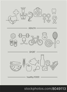 Modern thin line icons set of healthy lifestyle concept. Simple mono linear pictogram pack of health, food and sport. Stroke vector logo concept for web graphics, vector illustration.