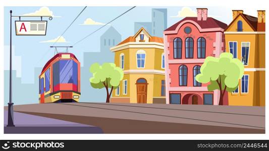 Modern tram running on rails in city vector illustration. Tram station against colorful building. City life illustration