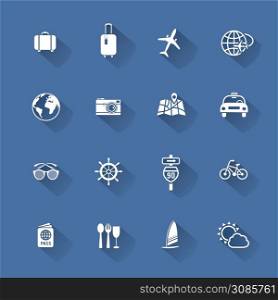 Modern travel flat icons collection with long shadow, vector illustration
