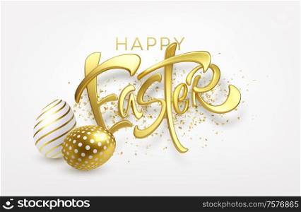Modern trendy Golden metallic shiny typography Happy Easter on a background of easter eggs. 3D realistic lettering for the design of flyers, brochures, leaflets, posters and cards Vector illustration EPS10. Modern trendy Golden metallic shiny typography Happy Easter on a background of easter eggs. 3D realistic lettering for the design of flyers, brochures, leaflets, posters and cards Vector illustration