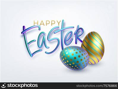 Modern trendy Golden metallic shiny typography Happy Easter on a background of easter eggs. 3D realistic lettering for the design of flyers, brochures, leaflets, posters and cards Vector illustration EPS10. Modern trendy Golden metallic shiny typography Happy Easter on a background of easter eggs. 3D realistic lettering for the design of flyers, leaflets, posters and cards. Vector illustration