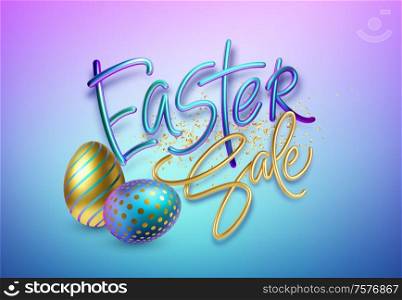 Modern trendy Golden metallic shiny typography Happy Easter on a background of easter eggs. 3D realistic lettering for the design of flyers, brochures, leaflets, posters and cards Vector illustration EPS10. Modern trendy Golden metallic shiny typography Happy Easter on a background of easter eggs. 3D realistic lettering for the design of flyers, leaflets, posters and cards. Vector illustration
