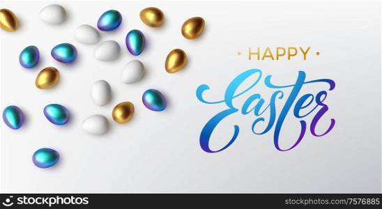 Modern trendy Golden metallic shiny typography Happy Easter on a background of easter eggs. 3D realistic lettering for the design of flyers, leaflets, posters and cards Vector illustration EPS10. Modern trendy Golden metallic shiny typography Happy Easter on a background of easter eggs. 3D realistic lettering for the design of flyers, leaflets, posters and cards. Vector illustration