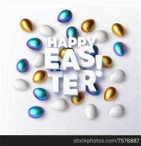 Modern trendy Golden metallic shiny typography Happy Easter on a background of easter eggs. 3D realistic lettering for the design of flyers, leaflets, posters and cards Vector illustration EPS10. Modern trendy Golden metallic shiny typography Happy Easter on a background of easter eggs. 3D realistic lettering for the design of flyers, leaflets, posters and cards. Vector illustration