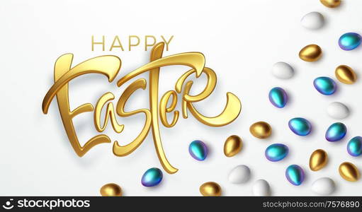 Modern trendy Golden metallic shiny typography Happy Easter on a background of easter eggs. 3D realistic lettering for the design of flyers, leaflets, posters and cards Vector illustration EPS10. Modern trendy Golden metallic shiny typography Happy Easter on a background of easter eggs. 3D realistic lettering for the design of flyers, leaflets, posters and cards. Vector illustration