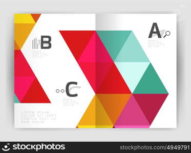 Modern triangle print template. Modern business brochure or leaflet print A4 cover template. Abstract background with color triangles. Vector design for workflow layout, diagram, number options or web design