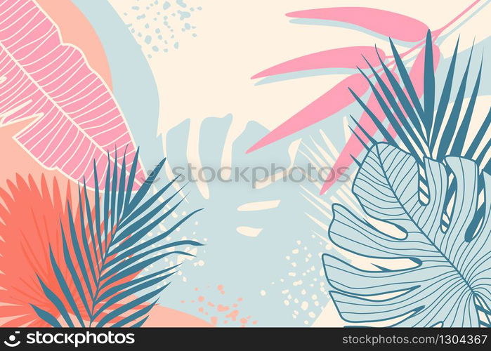 Modern tropical background. Jungle plants nature backdrop. Summer palm leaves wallpaper. Exotic botanical design for travel posters, wedding invitation, web banners. Minimal style vector illustration.. Modern tropical background. Jungle plants nature backdrop. Summer palm leaves wallpaper.