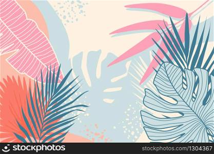 Modern tropical background. Jungle plants nature backdrop. Summer palm leaves wallpaper. Exotic botanical design for travel posters, wedding invitation, web banners. Minimal style vector illustration.. Modern tropical background. Jungle plants nature backdrop. Summer palm leaves wallpaper.