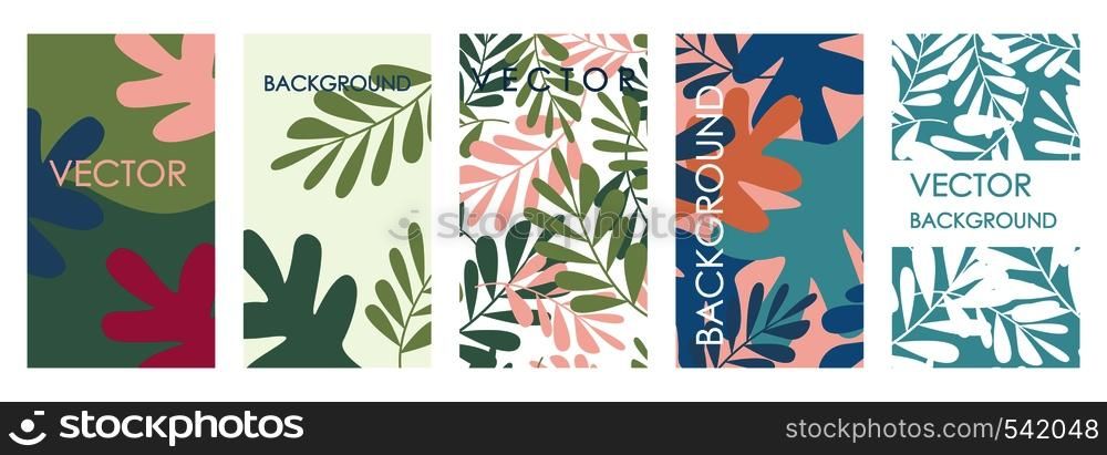 Modern tropical leaves invitations and card template design. Abstract vector set of abstract floral backgrounds for banners, posters, cover design templates. Modern tropical leaves invitations and card template design.