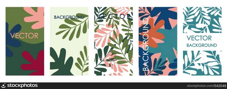 Modern tropical leaves invitations and card template design. Abstract vector set of abstract floral backgrounds for banners, posters, cover design templates. Modern tropical leaves invitations and card template design.