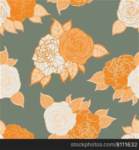 Modern tropical rose flowers seamless pattern design. Seamless pattern with spring flowers and leaves. Hand drawn background. floral pattern for wallpaper or fabric. Botanic Tile.