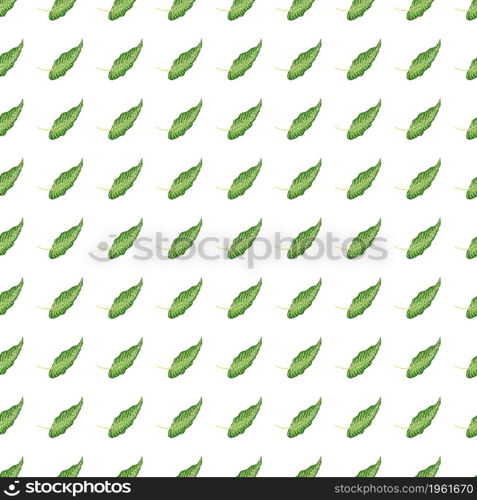 Modern tropical seamless pattern with green leaves isolated on white background. Botanical foliage plants wallpaper. Exotic hawaiian backdrop. Design for fabric, textile print, wrapping, cover. Modern tropical seamless pattern with green leaves isolated on white background.