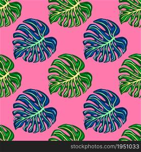 Modern tropical seamless pattern with monstera leaves on bright pink background. Botanical foliage plants wallpaper. Exotic hawaiian backdrop. Design for fabric, textile print, wrapping, cover. Modern tropical seamless pattern with monstera leaves on bright pink background.