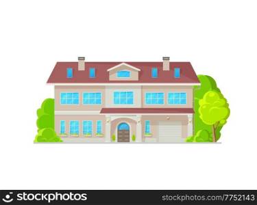 Modern two-storey home building exterior with garage, vector residential architecture. Townhouse or family house villa, mansion cottage duplex or hotel and suburban condominium lodge facade. Modern two-storey home building exterior, garage