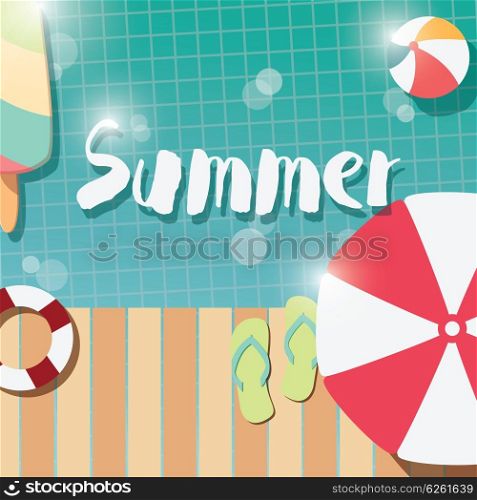 Modern typographic summer poster design with ice cream, swimming pool and geometric elements, vector illustration