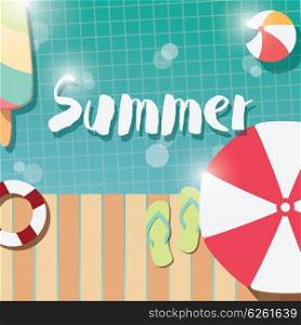 Modern typographic summer poster design with ice cream, swimming pool and geometric elements, vector illustration