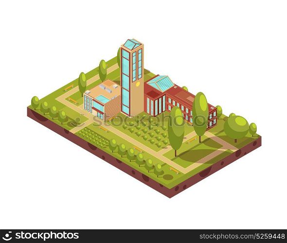 Modern University Building Isometric Layout. Isometric layout of modern university building with glass tower green trees walkways with benches 3d vector illustration