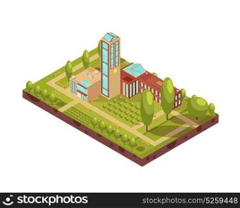 Modern University Building Isometric Layout. Isometric layout of modern university building with glass tower green trees walkways with benches 3d vector illustration