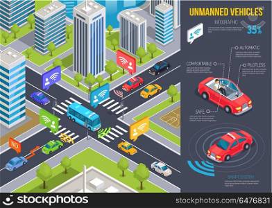 Modern Unmanned Vehicles Infographic and Cityscape. Unmanned vehicles infographic that tells about safety and comfort, and cityscape with tall skyscrapers and busy crossroad vector illustration.