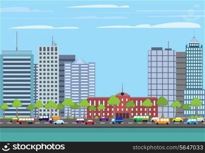 Modern urban building on street cityscape skyline vector illustration