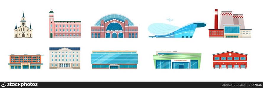 Modern urban municipal buildings, bank, hospital, town hall. Flat city building, airport school, factory, town architecture vector set. Illustration of municipal architecture police structure. Modern urban municipal buildings, bank, hospital, town hall. Flat city building, airport school, factory, town architecture vector set
