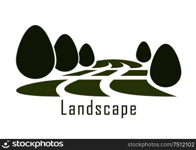 Modern urban park landscape icon with green grass lawn and trimmed bushes isolated on white background. Park landscape icon with lawn and bushes