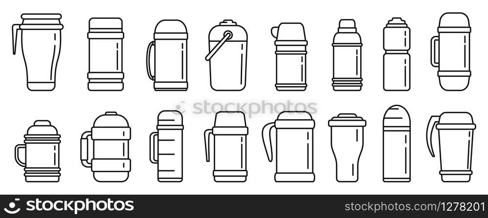 Modern vacuum insulated water bottle icons set. Outline set of modern vacuum insulated water bottle vector icons for web design isolated on white background. Modern vacuum insulated water bottle icons set, outline style