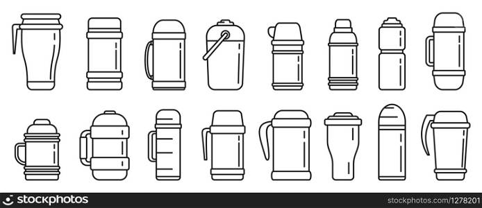 Modern vacuum insulated water bottle icons set. Outline set of modern vacuum insulated water bottle vector icons for web design isolated on white background. Modern vacuum insulated water bottle icons set, outline style