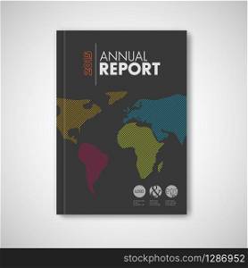 Modern Vector abstract brochure / report design template with minimalist world map - dark version